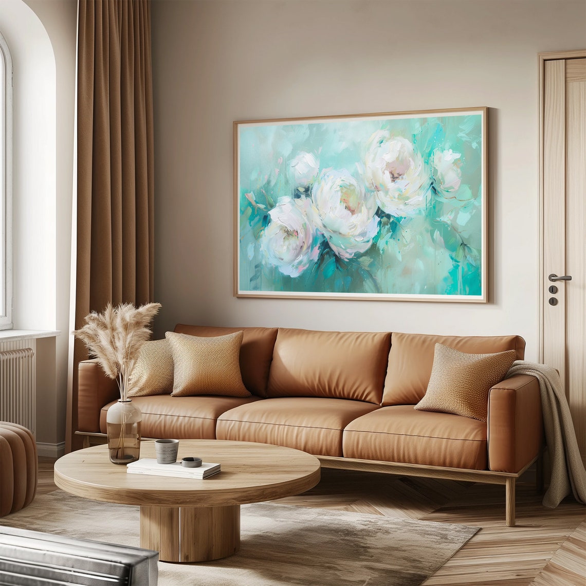 White Peonies Mint Green Impressionist Floral Modern Painting Wall Art - Image 3