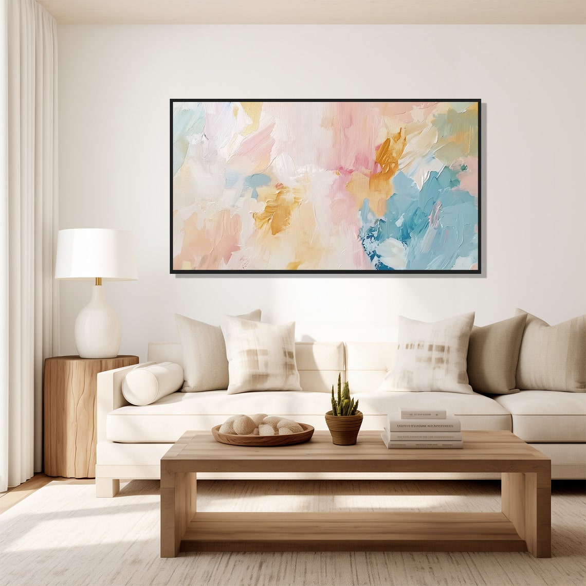 Abstract Pastel Brushstrokes Soft Pink Blue Gold Modern Wall Art Print - Image 5