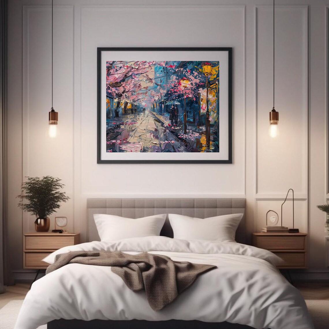 Cherry Blossom Street Rainy Night Pink Petals City Painting Wall Art - Image 2