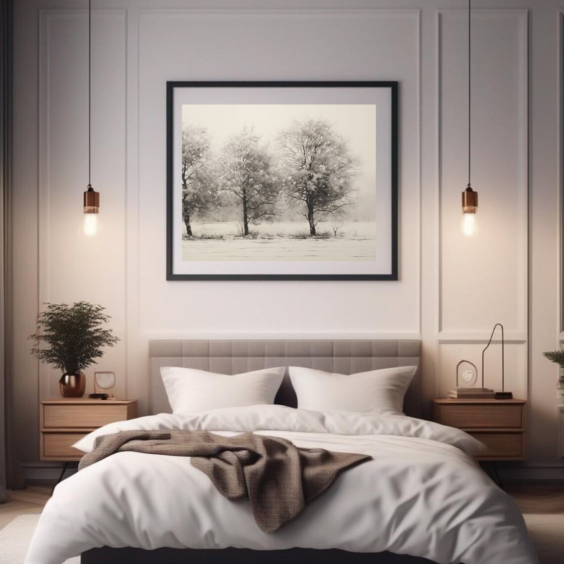 Monochrome Winter Trees Snowy Forest Minimal Vintage Painting Wall Art - Image 2