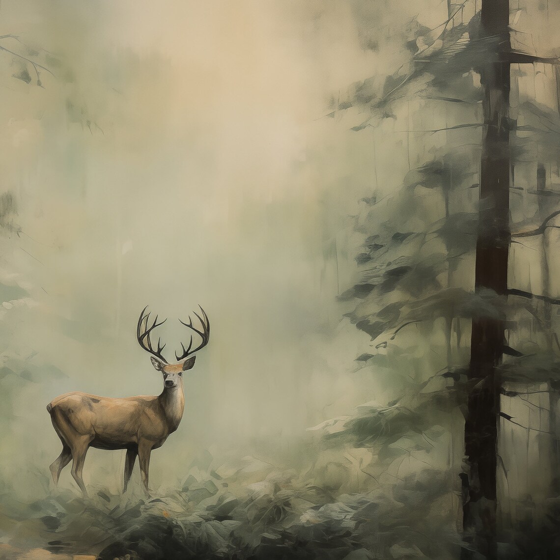 Misty Forest Stag Deer Wildlife Vintage Oil Painting Wall Art Print - Image 6
