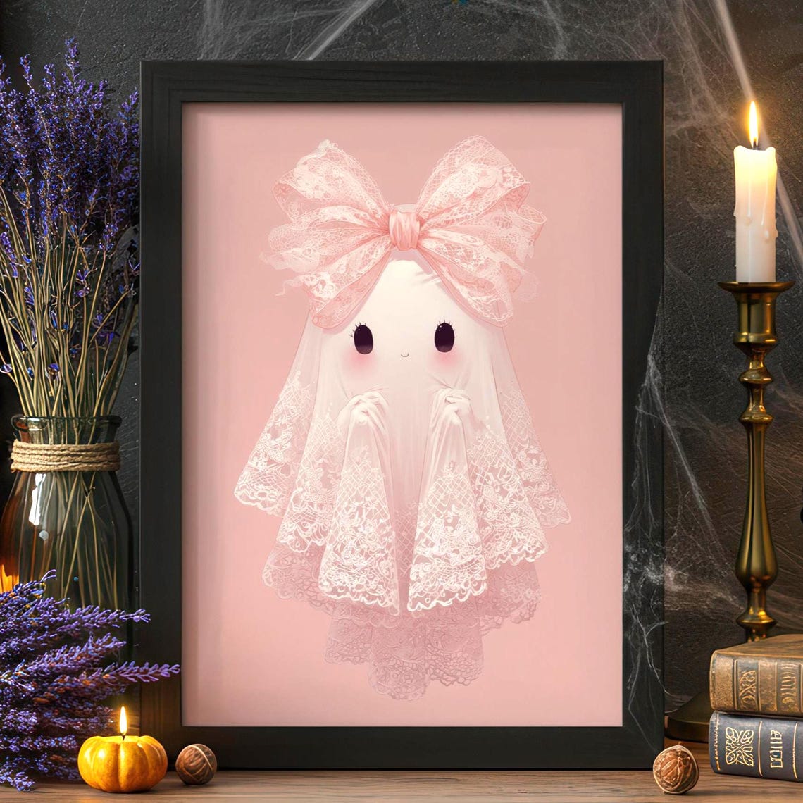 Pink Lace Ghost With Bow Whimsical Kawaii Halloween Art Poster