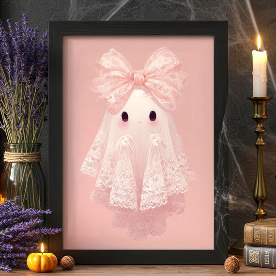 Coquette Pink Wall Art Kawaii Pastel Halloween Print Cute Nursery Room Decor Spooky Girls Bedroom Poster Girly Pop Gift
