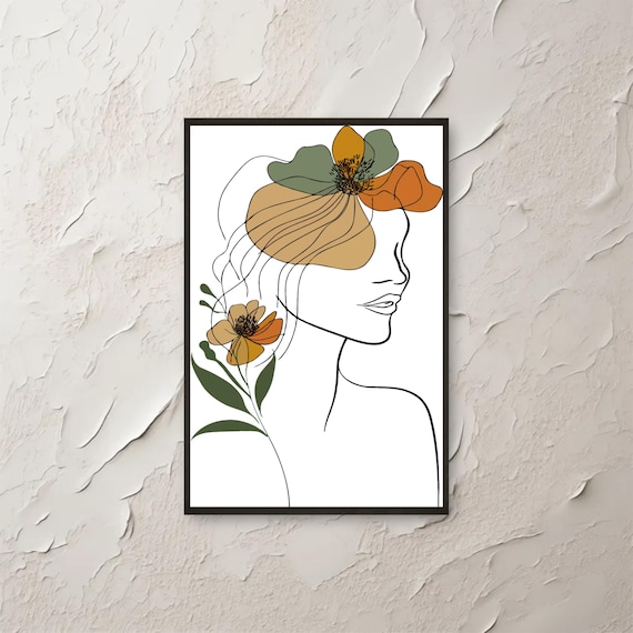 Boho Woman Line Art Profile With Mustard and Sage Floral Accents Poster