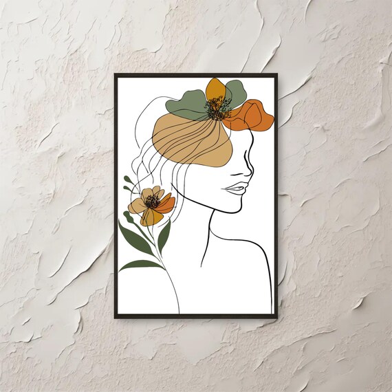 Boho Woman Line Art Wall Minimalist Abstract Floral Botanical Face Print Modern Drawing Poster Instant Png File