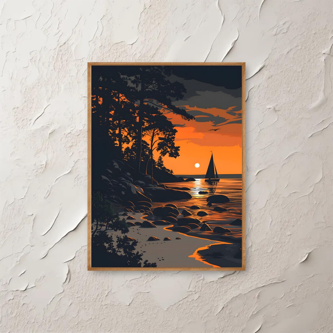 Sunset Sailboat Over Rocky Coast Bold Vintage Travel Style Poster