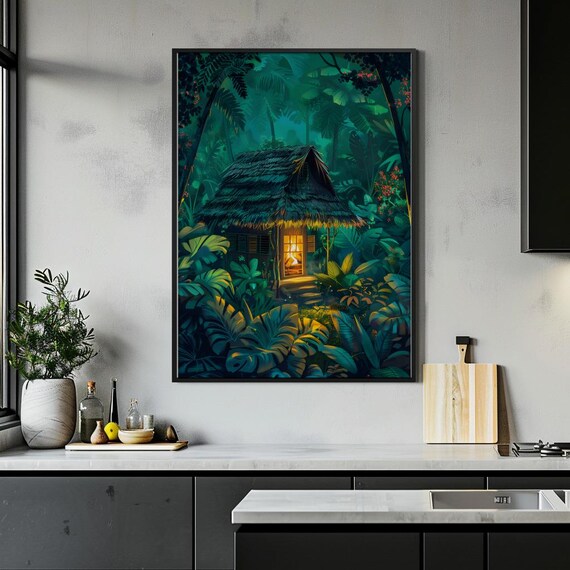 Cozy Jungle Cabin at Night with Warm Glowing Windows Art Poster