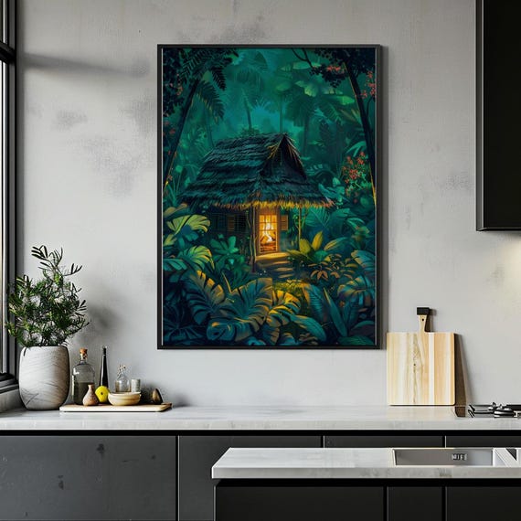 Cozy Jungle Cabin Wall Art Tropical Forest Night Print Warm Light In Nature Poster Exotic Landscape Illustration Instant Png