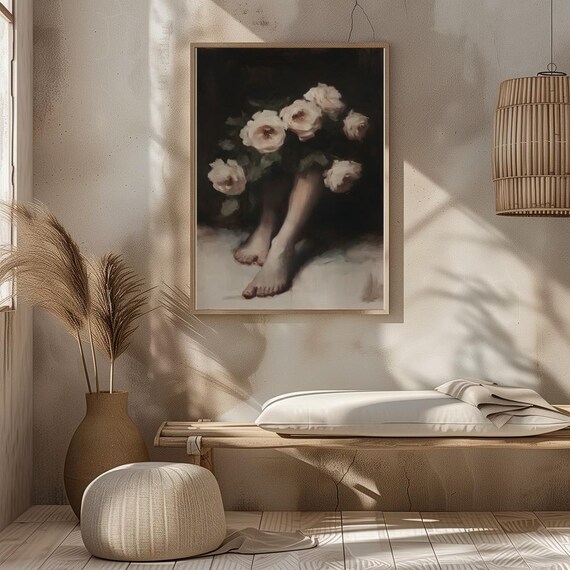 Bare Feet White Rose Bouquet Moody Dark Floral Painting Poster