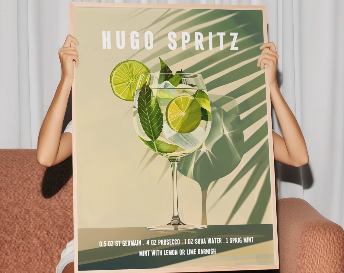 Retro Hugo Spritz Cocktail Recipe Art With Mint And Lime Garnish Poster - Image 2