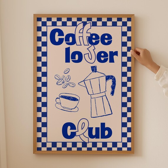 Blue Retro Checkerboard Coffee Lover Club Moka Pot Kitchen Poster