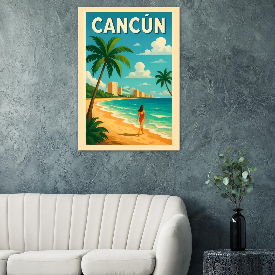 Cancun Vintage Travel Poster Caribbean Beach Palms Swimsuit Retro Sun Decor