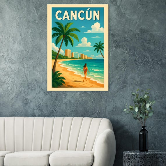 Cancn Mexico Travel Poster Vintage Caribbean Beach Mayan Coast Wall Art Print