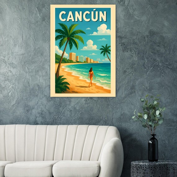Cancun Vintage Travel Poster Caribbean Beach Palms Swimsuit Retro Sun Decor