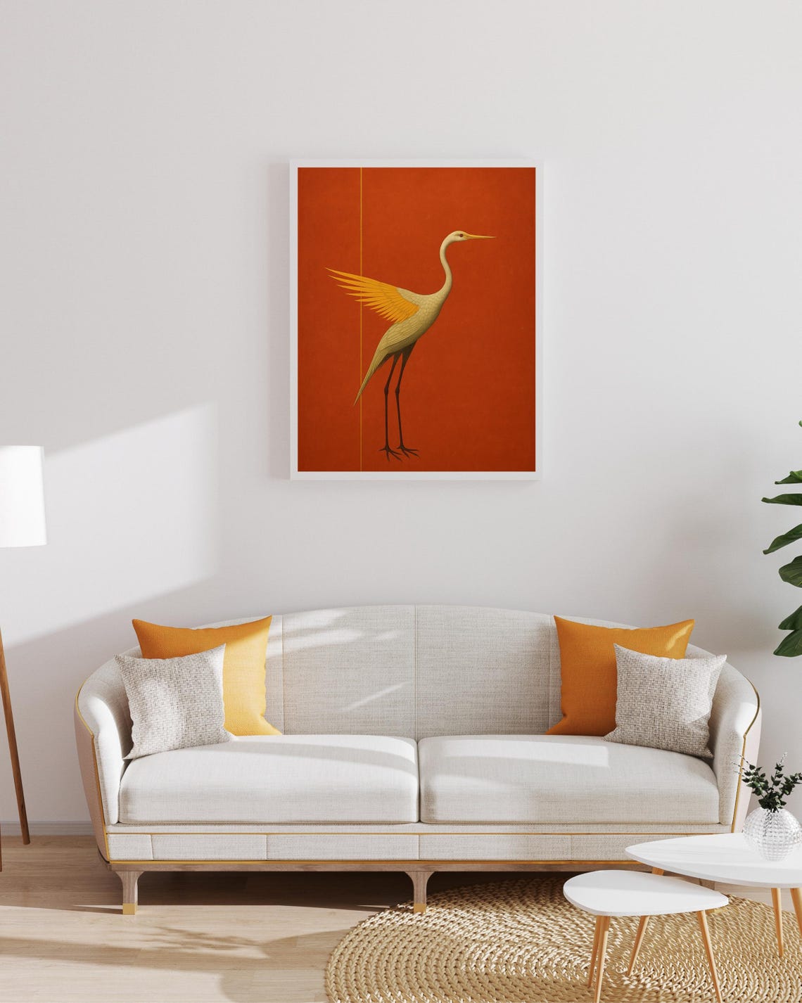 Crane Bird on Rust Red Japanese Inspired Minimalist Art Print