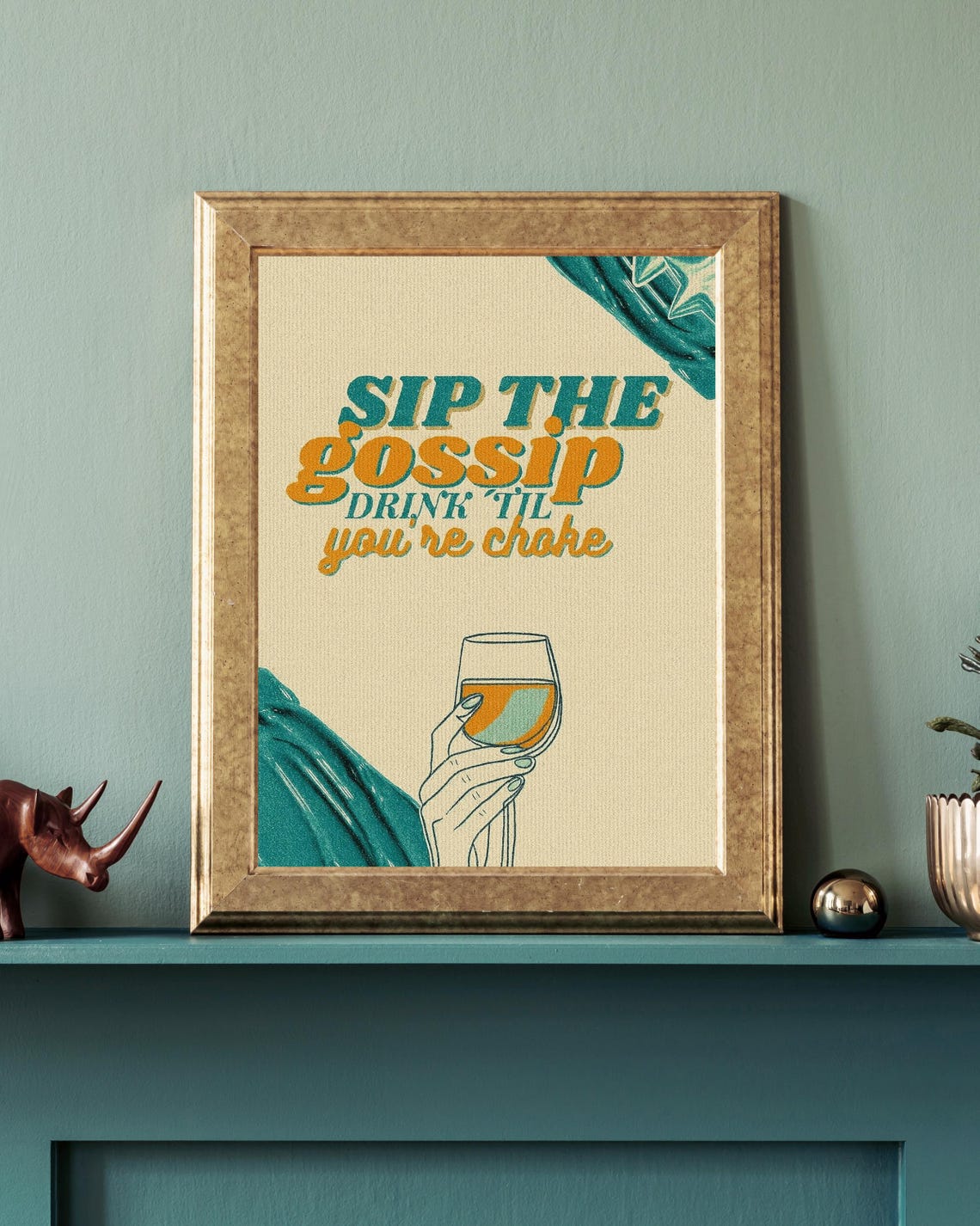 Sip The Gossip Wall Art Funny Retro Wine Quote Poster For Kitchen Bar Or Girly Gallery Decor