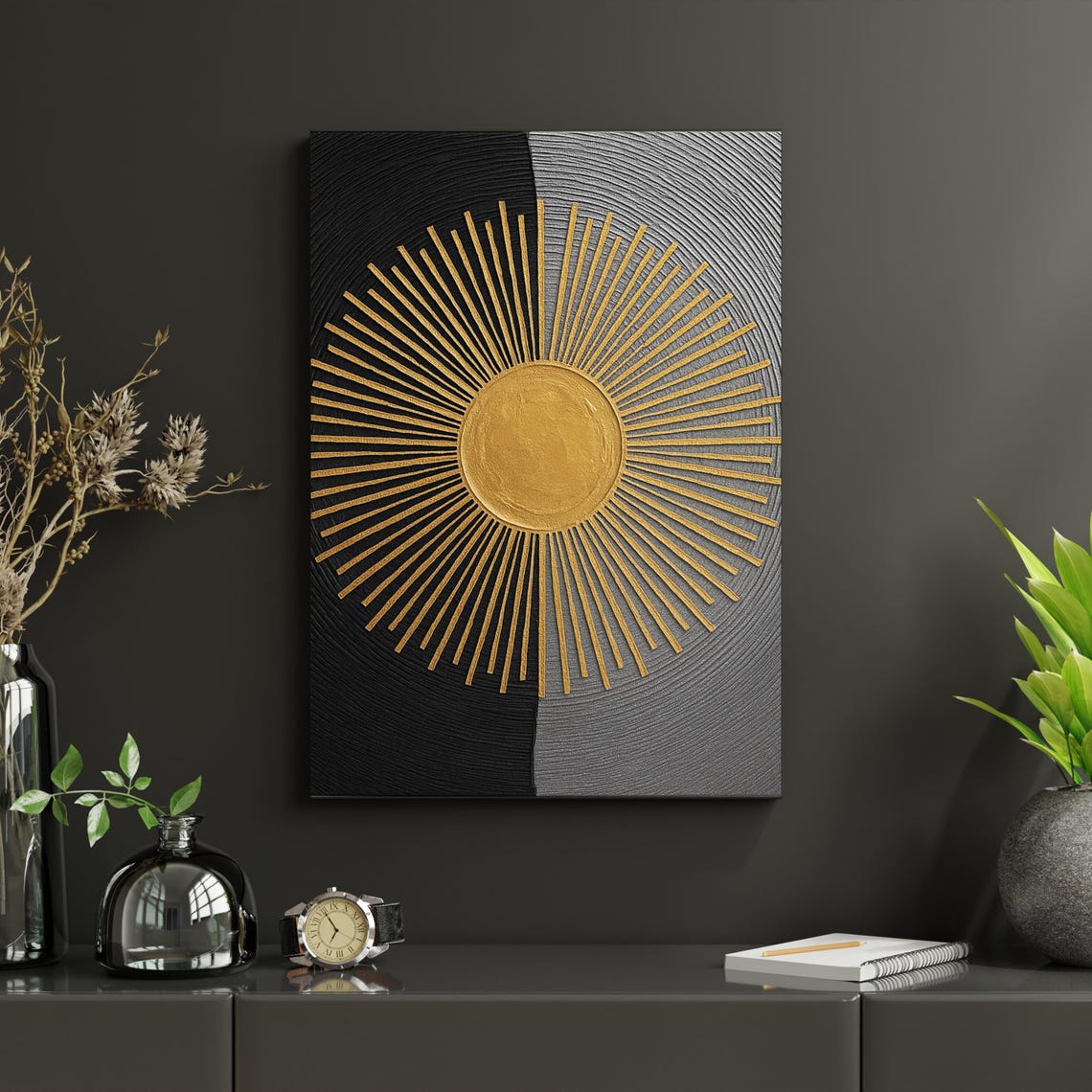 Gold Sunburst Textured Abstract Black Grey Canvas Statement Wall Art