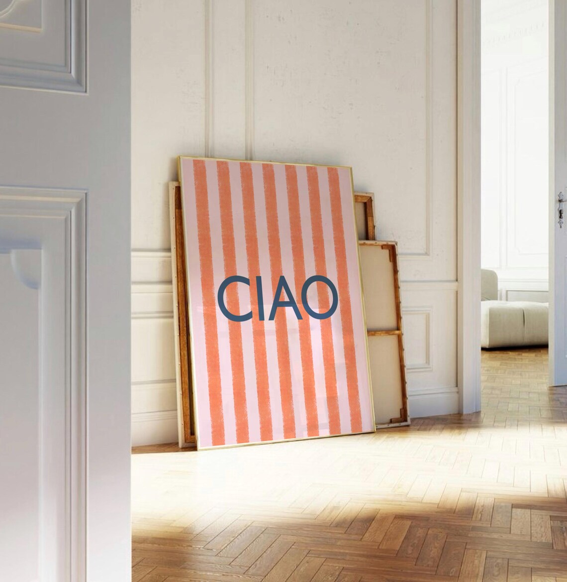Ciao Orange Pink Striped Watercolor Navy Typography Wall Poster - Image 2