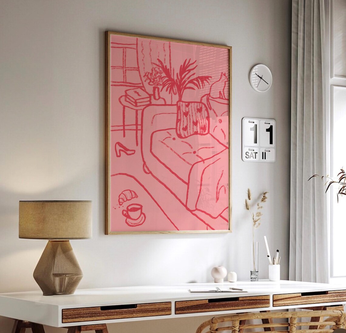 Cozy Pink Living Room Hand Drawn Sketch Sofa Cat Coffee Art Poster - Image 2
