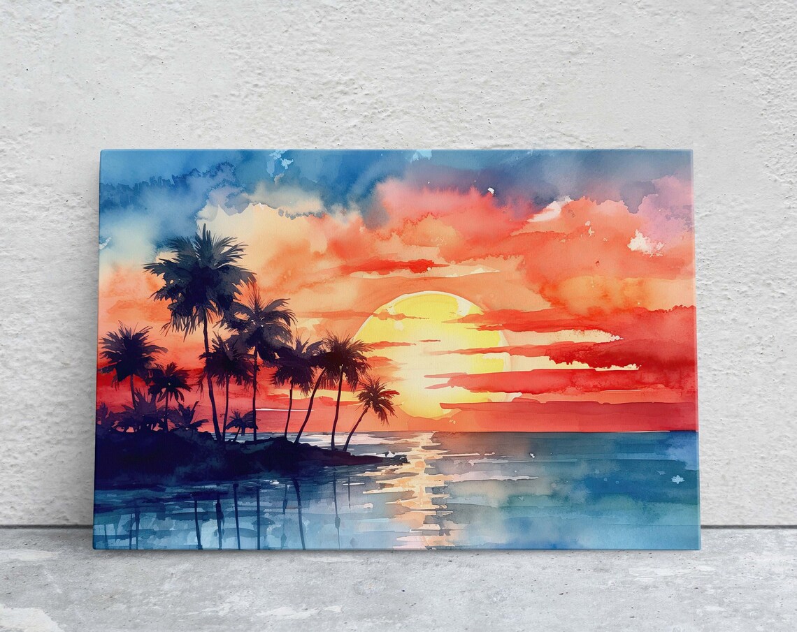 Beach Sunset On Tree Silhouette Watercolor Art Print