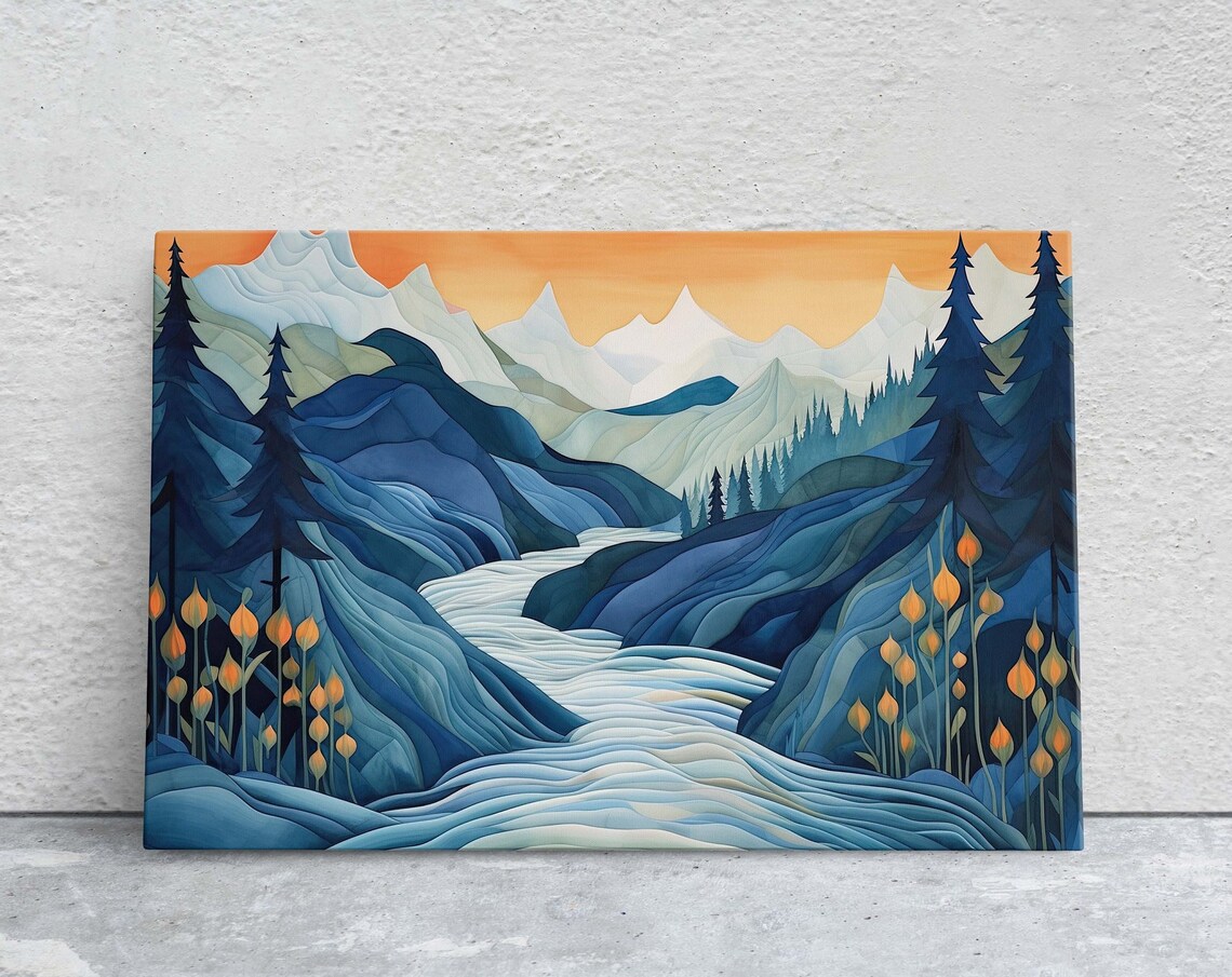 Blue Mountain River Valley Orange Sky Abstract Watercolor Art Print