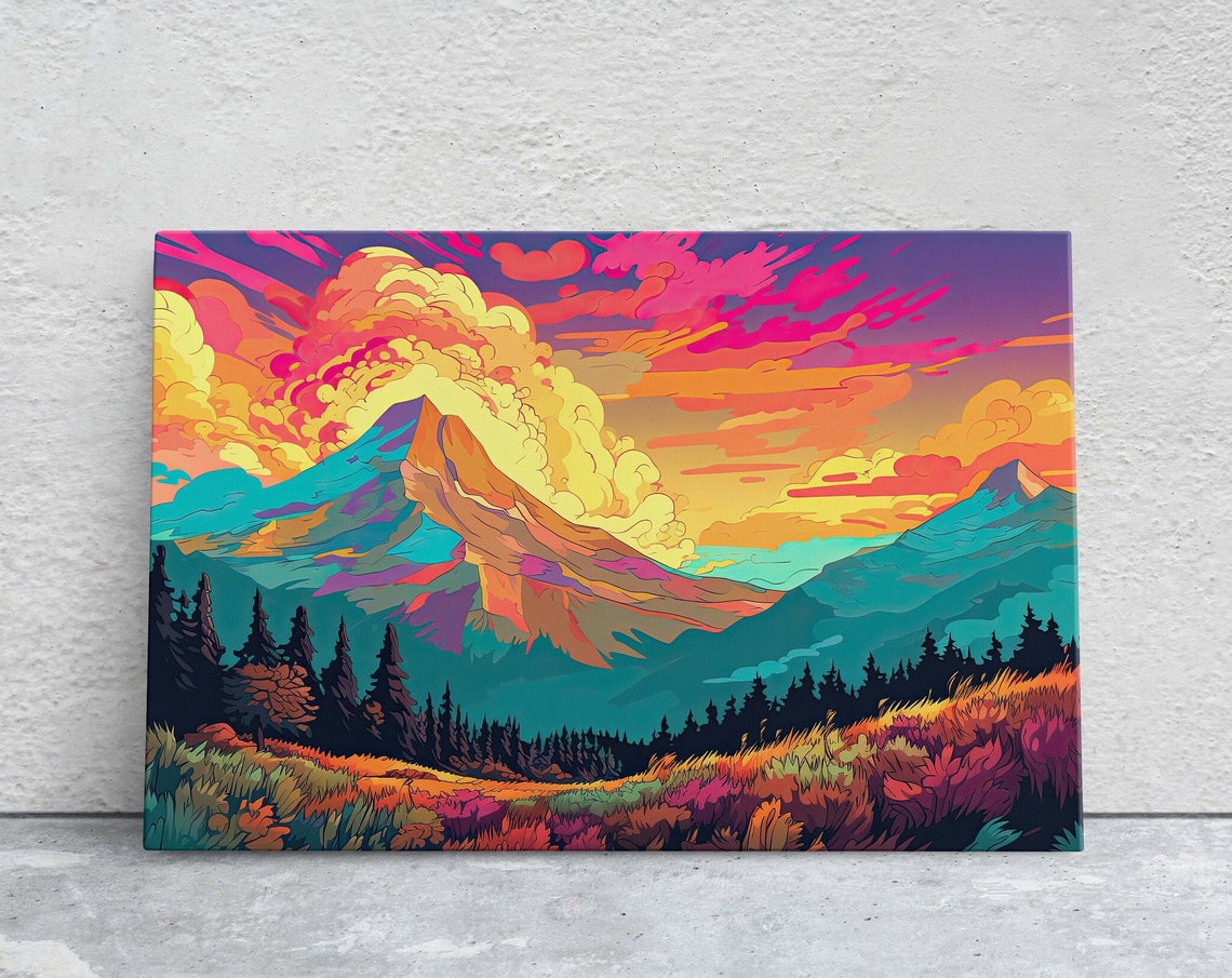 Vibrant Mountains Colorful Illustration Bold Colors National Park Framed Cel Shading Landscape Drawing Toon Shading