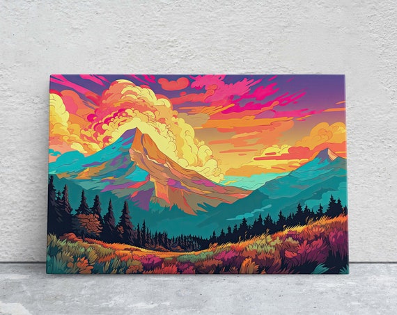 Vibrant Mountains Colorful Illustration Bold Colors National Park Framed Cel Shading Landscape Drawing Toon Shading
