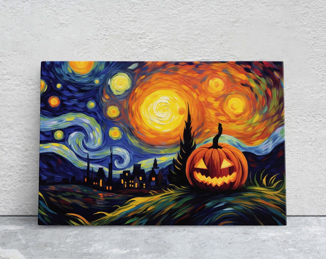 Starry Night Pumpkin on Jack O Lantern, Halloween Art