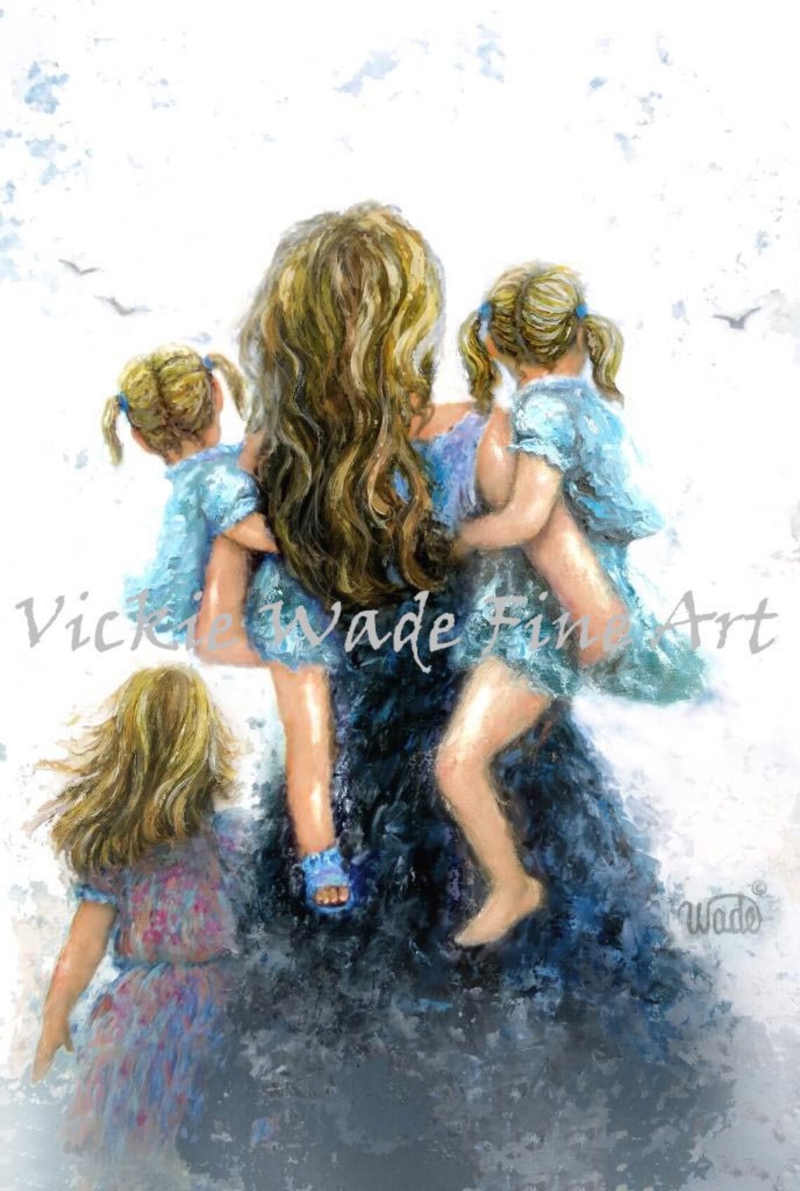 Blonde Mother Carrying Two Little Girls with Third Daughter Poster