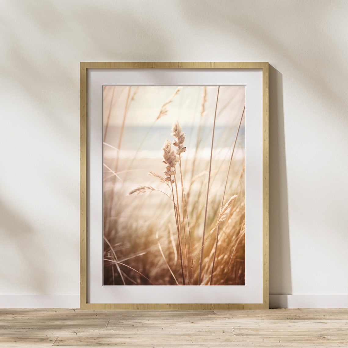 Golden Dried Grass Seed Heads Sunlit Beach Soft Light Art Poster