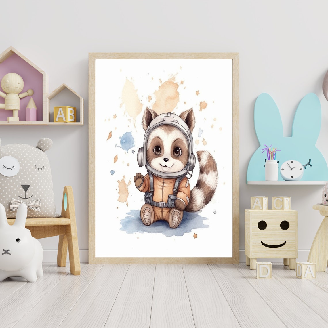 Cute Baby Raccoon Astronaut Watercolor Outer Space Nursery Poster - Image 3