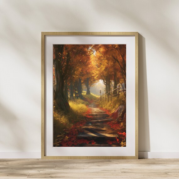 Autumn Forest Path With Stone Steps Fall Leaves Golden Light Poster