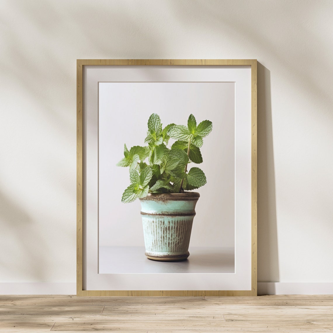Fresh Mint Sprigs Vintage Turquoise Pot Minimalist Plant Poster