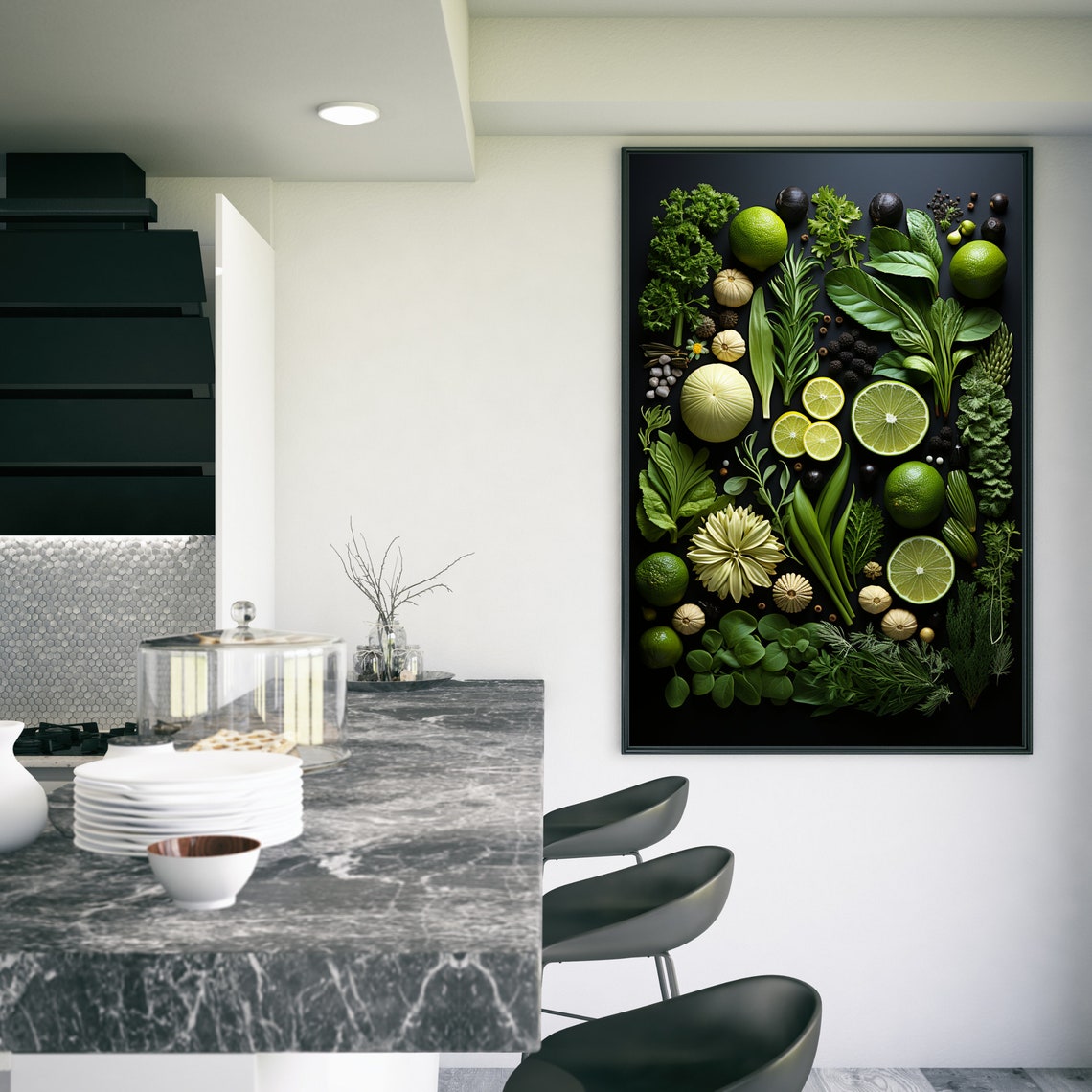 Green Vegetables Herbs Flat Lay Dark Background Kitchen Poster - Image 3