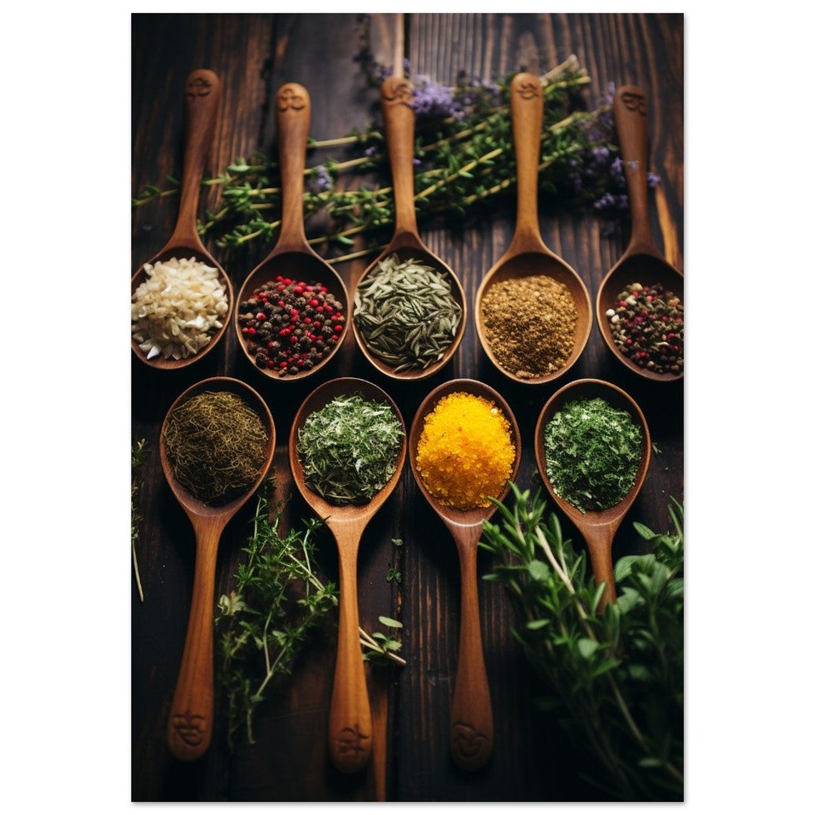 Wooden Spoons Colorful Spices Rustic Kitchen Herb Art Poster - Image 2