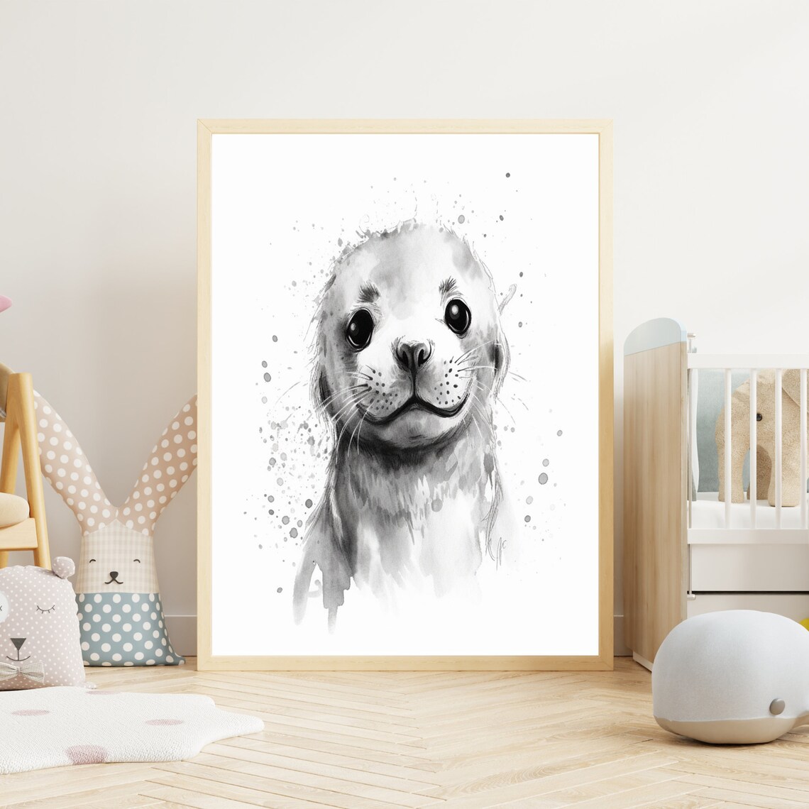 Baby Sea Lion Face Black And White Watercolor Nursery Poster