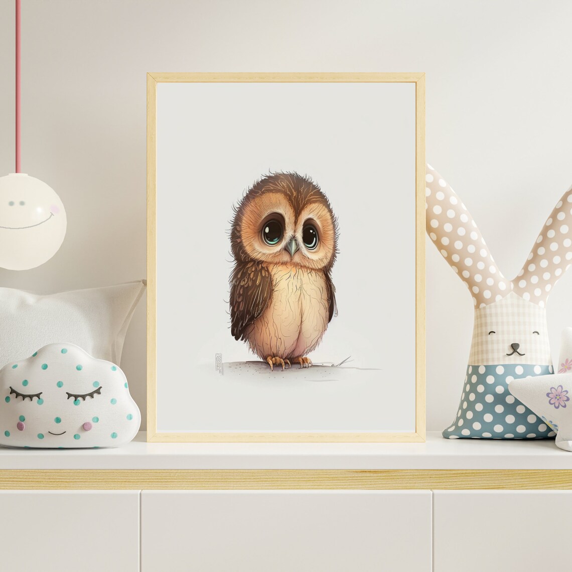 Adorable Baby Owl With Big Green Eyes Watercolor Nursery Poster - Image 4