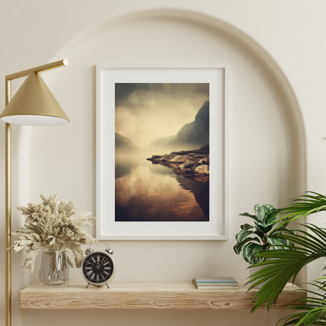 Foggy Mountain Lake With Rocky Shore Calm Moody Nature Poster - Image 3