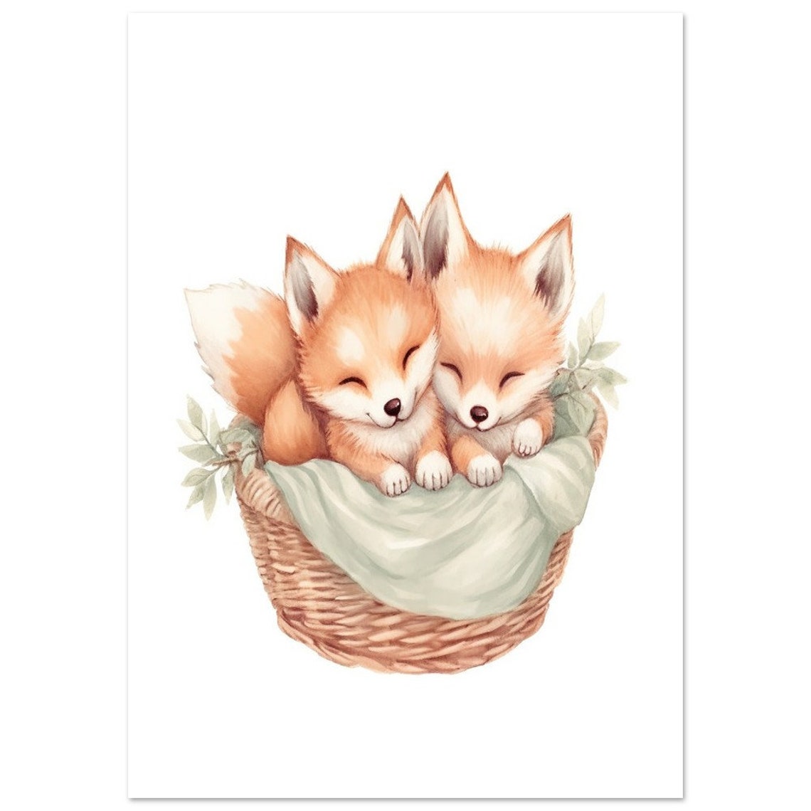 Two Sleeping Baby Foxes in Basket Watercolor Nursery Art Poster - Image 3