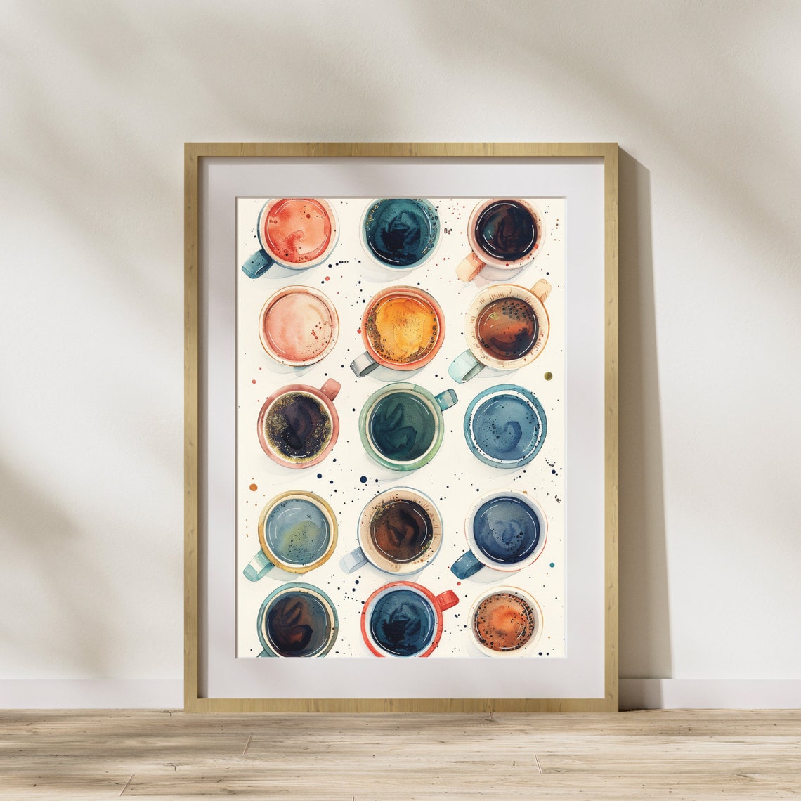 Colorful Watercolor Coffee Cups Overhead Grid Kitchen Art Poster