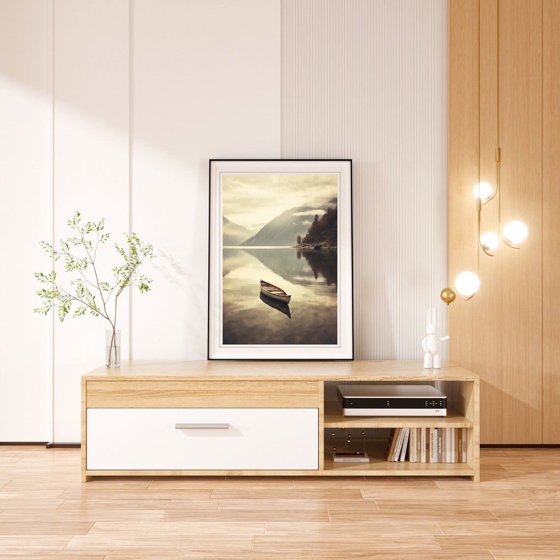Serene Wooden Canoe On Calm Mountain Lake Morning Mist Poster - Image 4