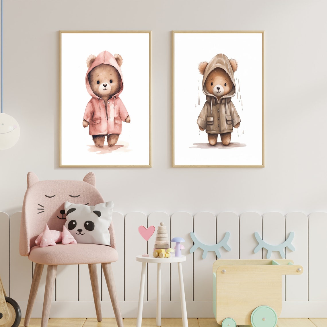 Cute Little Baby Bear In Pink Raincoat Watercolor Nursery Poster - Image 3