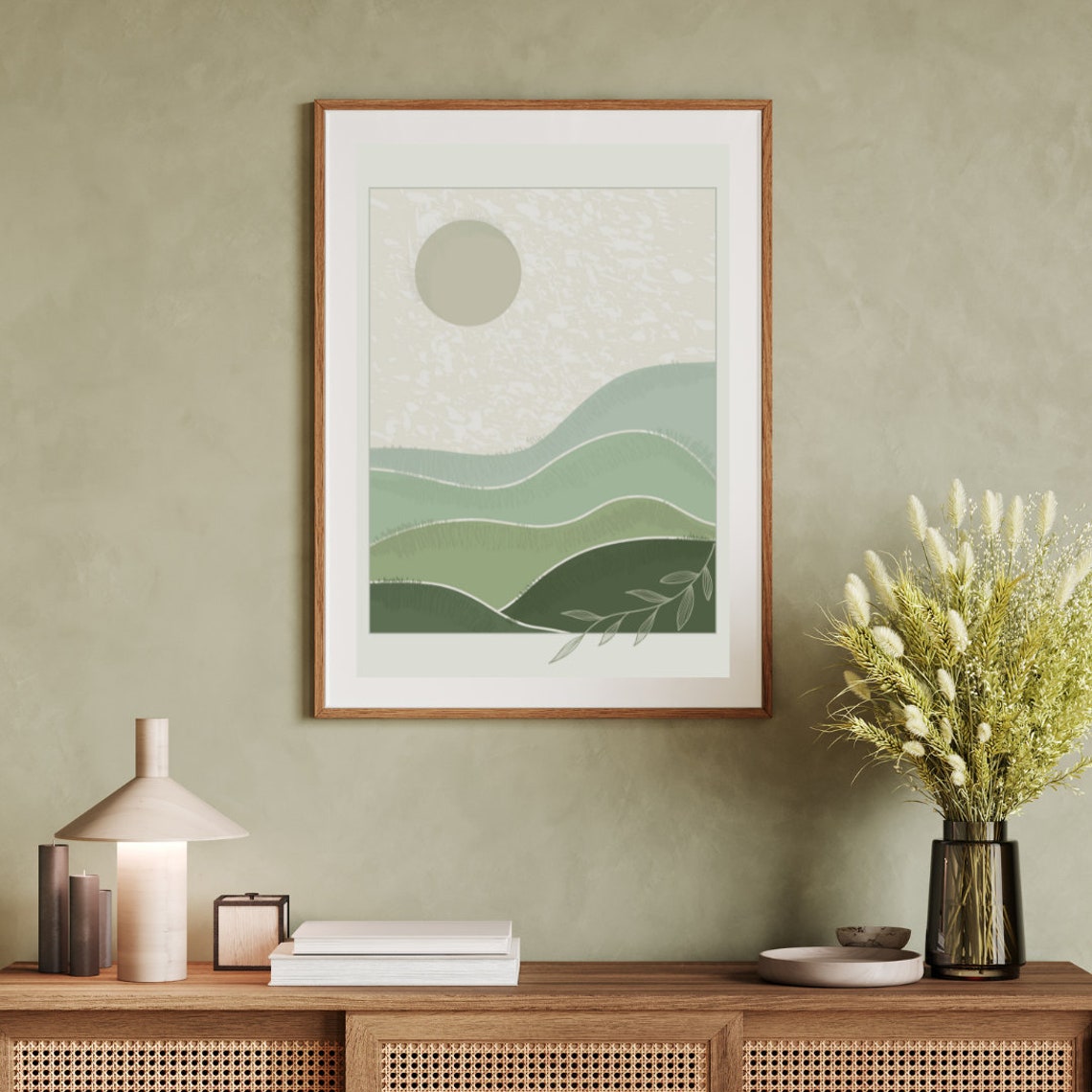 Abstract Sage Green Hills Sun Minimal Modern Landscape Wall Art - Image 4