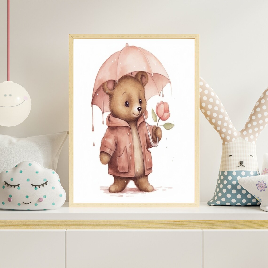 Teddy Bear Pink Raincoat Umbrella Tulip Watercolor Nursery Poster - Image 4