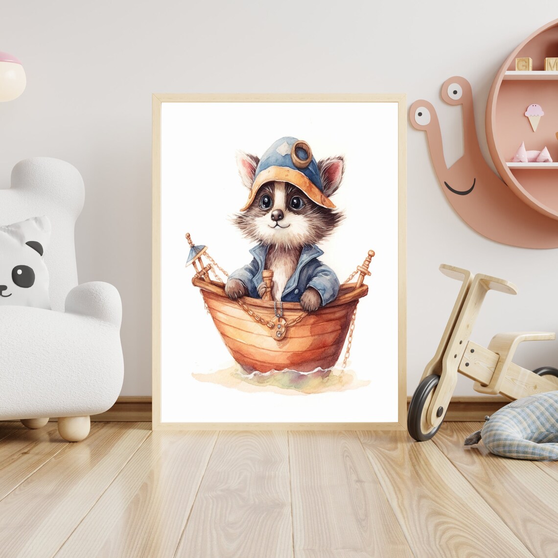 Cute Raccoon Sailor in Boat Watercolor Baby Nursery Art Poster - Image 4