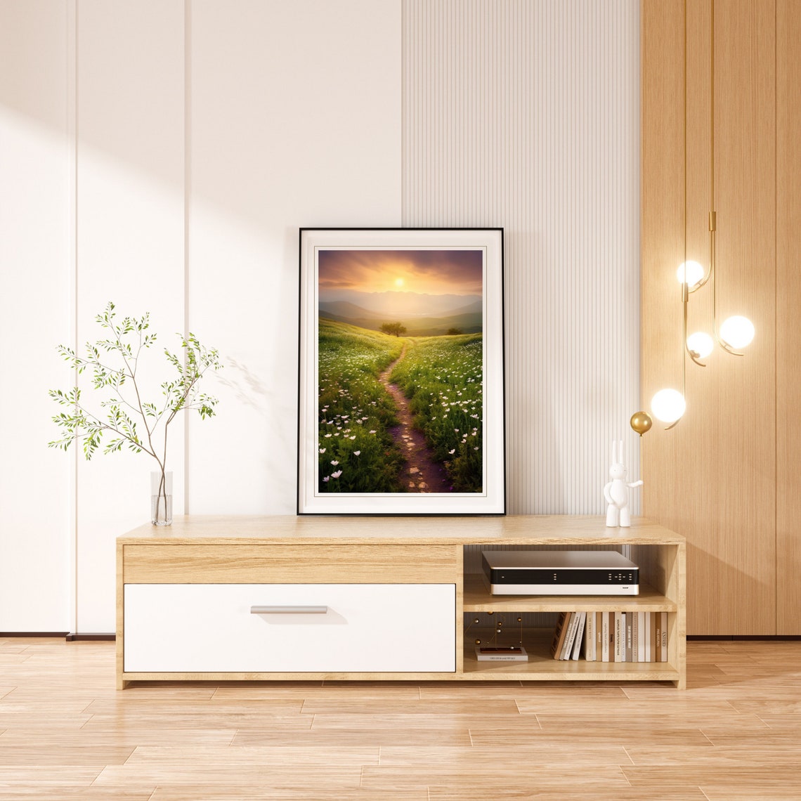 Sunlit Wildflower Meadow Path At Sunrise With Mountains Poster - Image 4