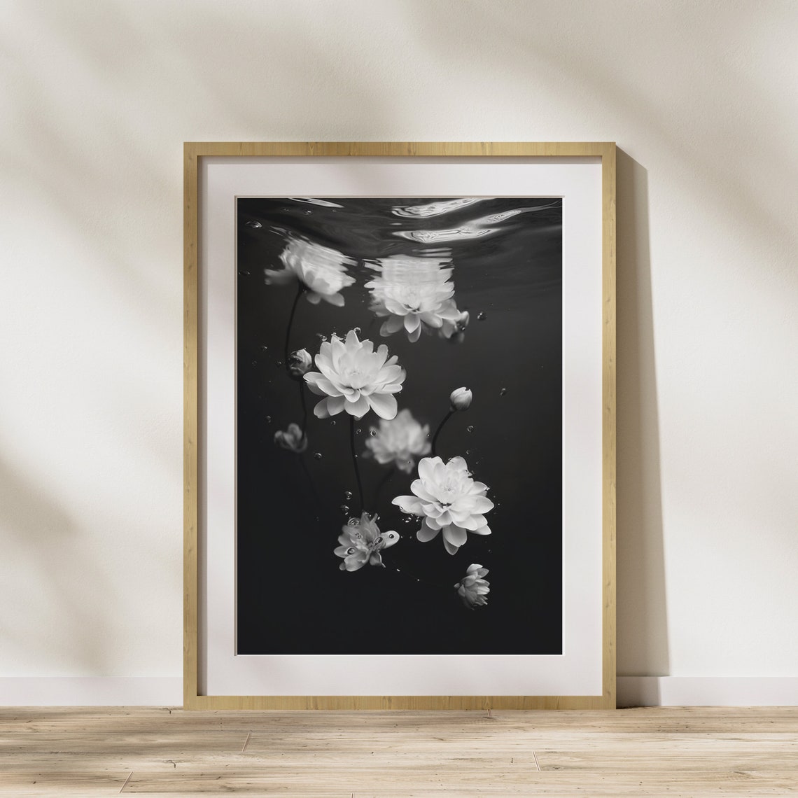 Black And White Underwater Floating Flowers Art Photography Poster