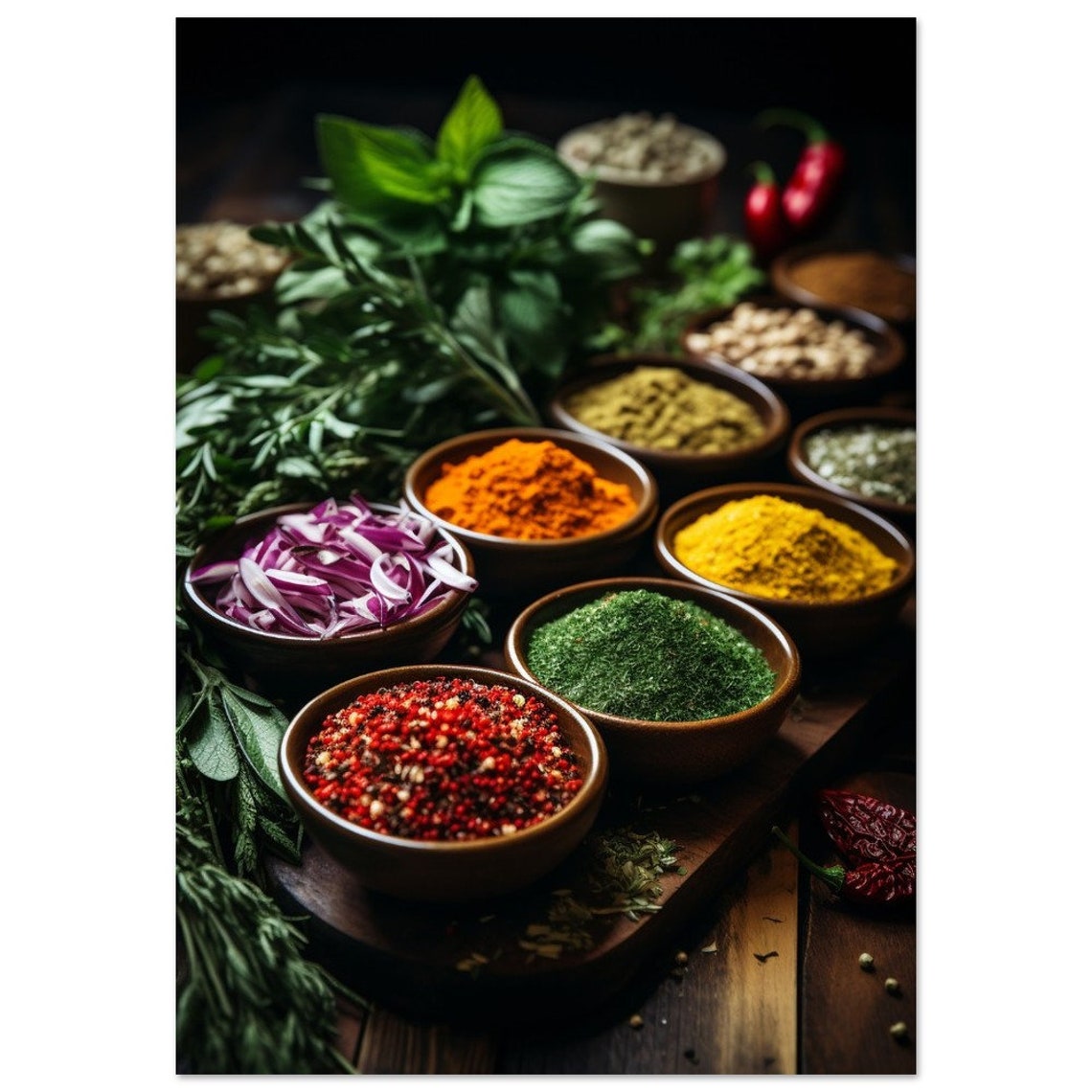 Colorful Spice Bowls Fresh Herbs Rustic Wooden Table Art Poster - Image 2