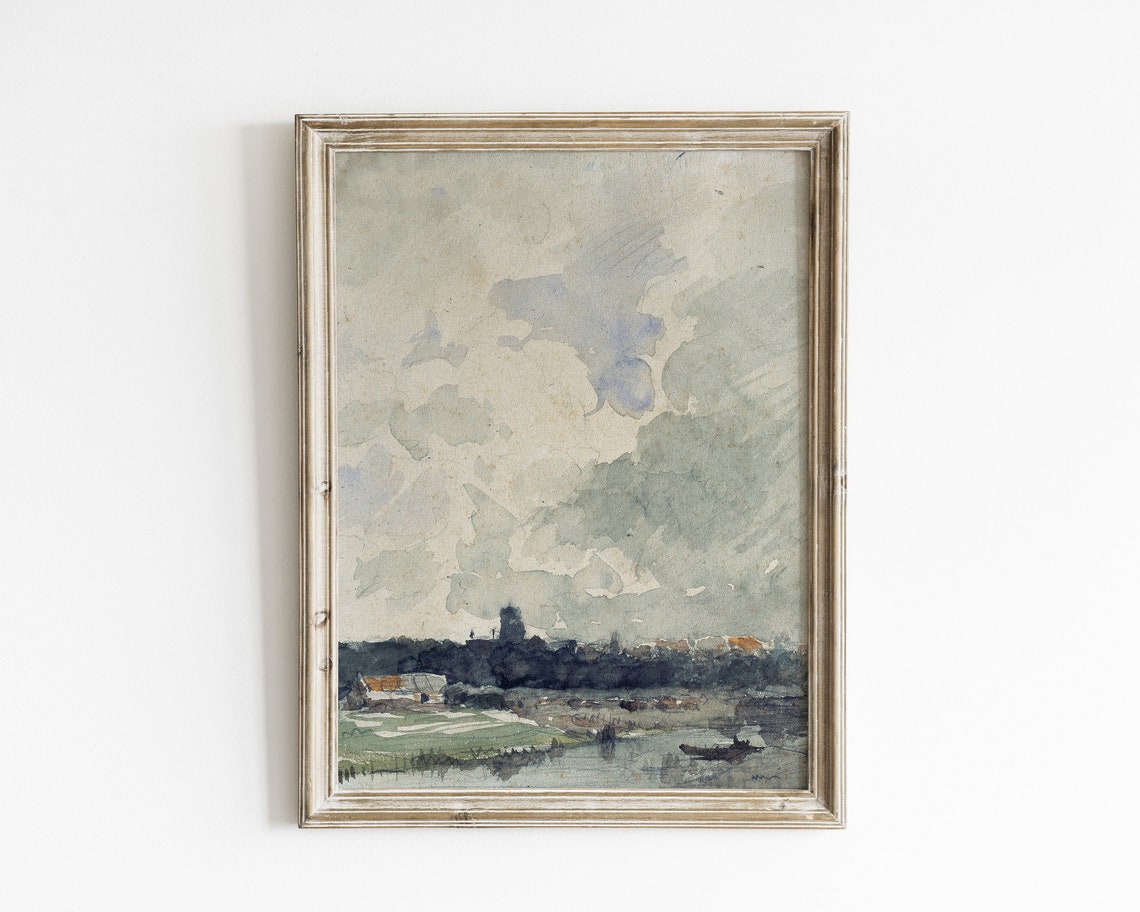 Vintage Moody Landscape Painting Village Art Print Landscape Painting Landscape Print Landscape Art French Country Wall Decor