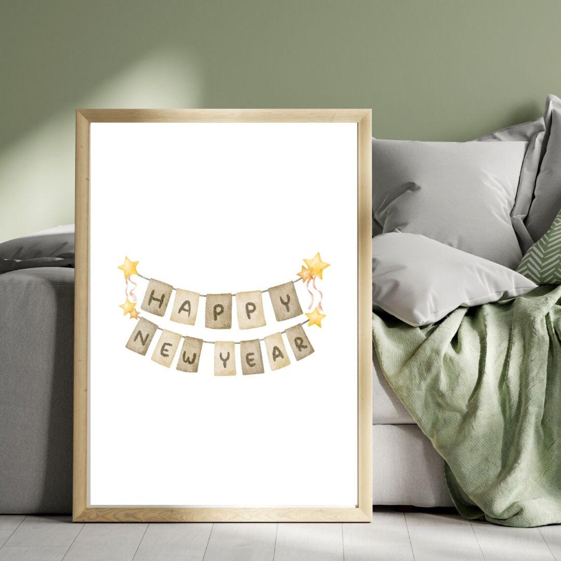 Watercolor Happy New Year Garland Banner With Gold Stars Poster - Image 3